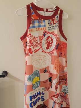 Graphic Seafood Print Sleeveless Dress - Coral & Red